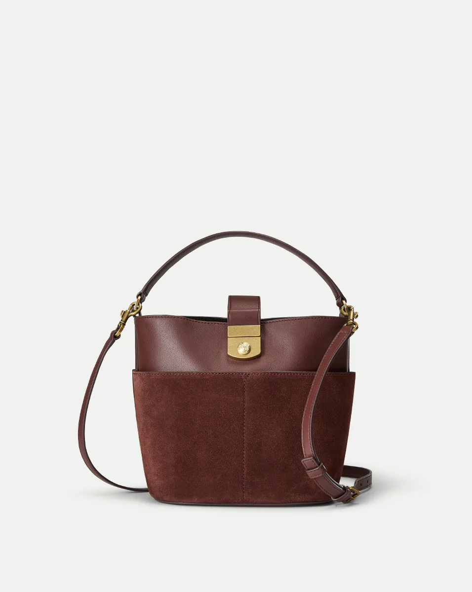 Small Crest Lock Suede Bucket Bag
