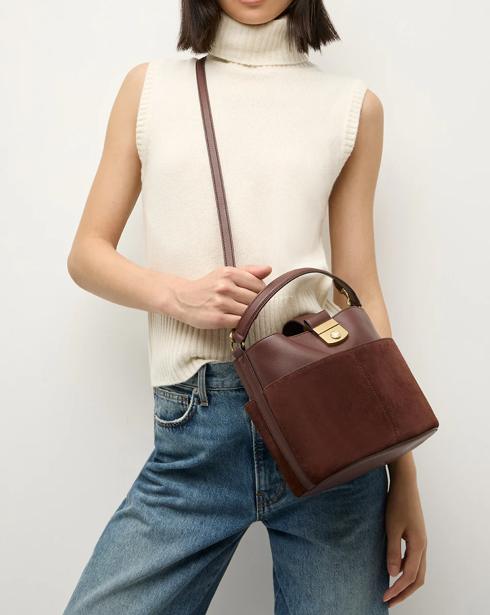 Small Crest Lock Suede Bucket Bag - Image 2