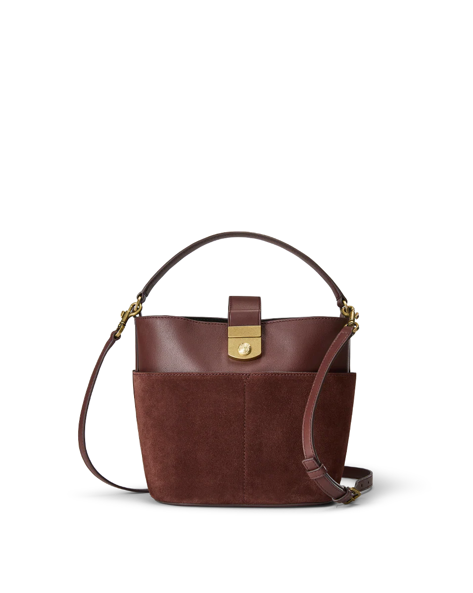 Small Crest Lock Suede Bucket Bag - Image 7